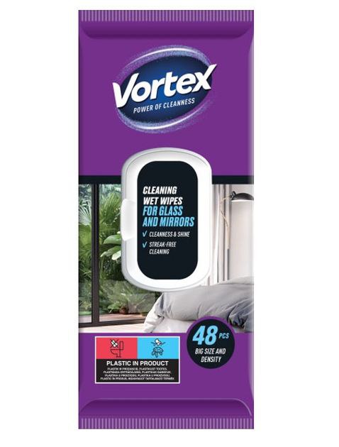 Серветки господарчі вологі VORTEX для скла з клапаном 48 шт/уп